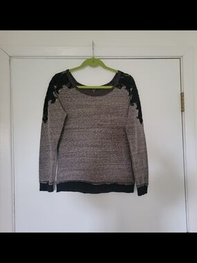 Miss Me Grey Knit Sweater with Black Lace Trim